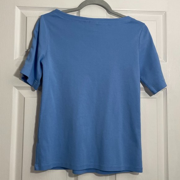 Rafaella Women's Cornflower Blue Boatneck Pearl Closure Short Sleeves Top M - Picture 5 of 5